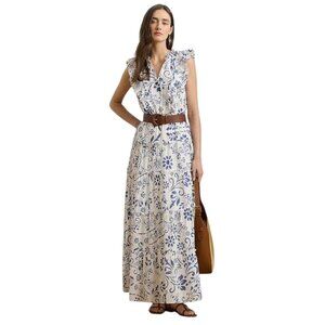 245$ Lauren Ralph Lauren Floral Cotton Voile Tiered Maxi Dress Size 10 White